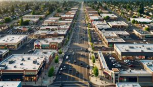 commercial street showing commercial buildings from the air eugene